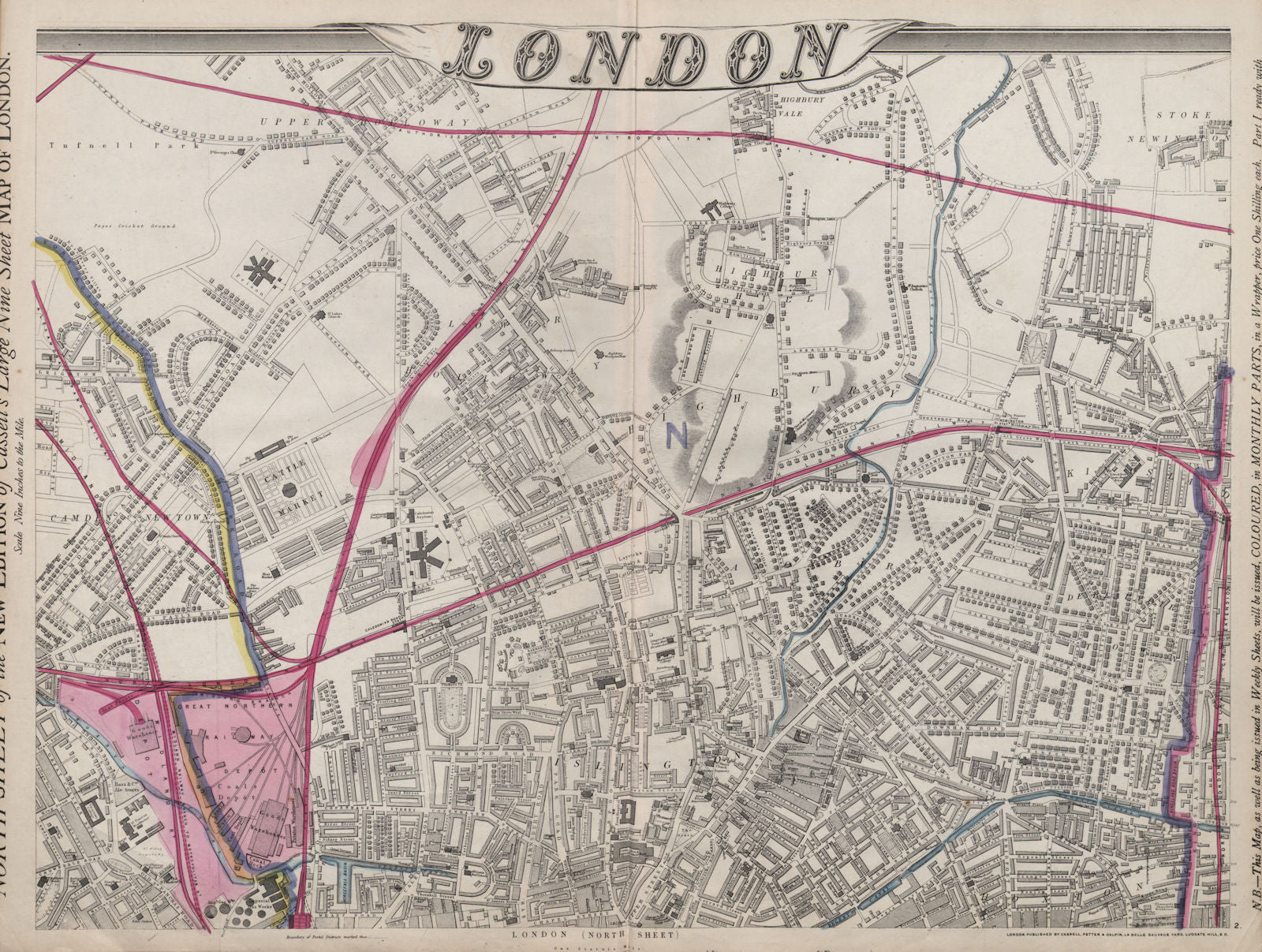 'CASSELLS LONDON N. Holloway Camden islington Highbury Hoxton. WELLER 1868 map